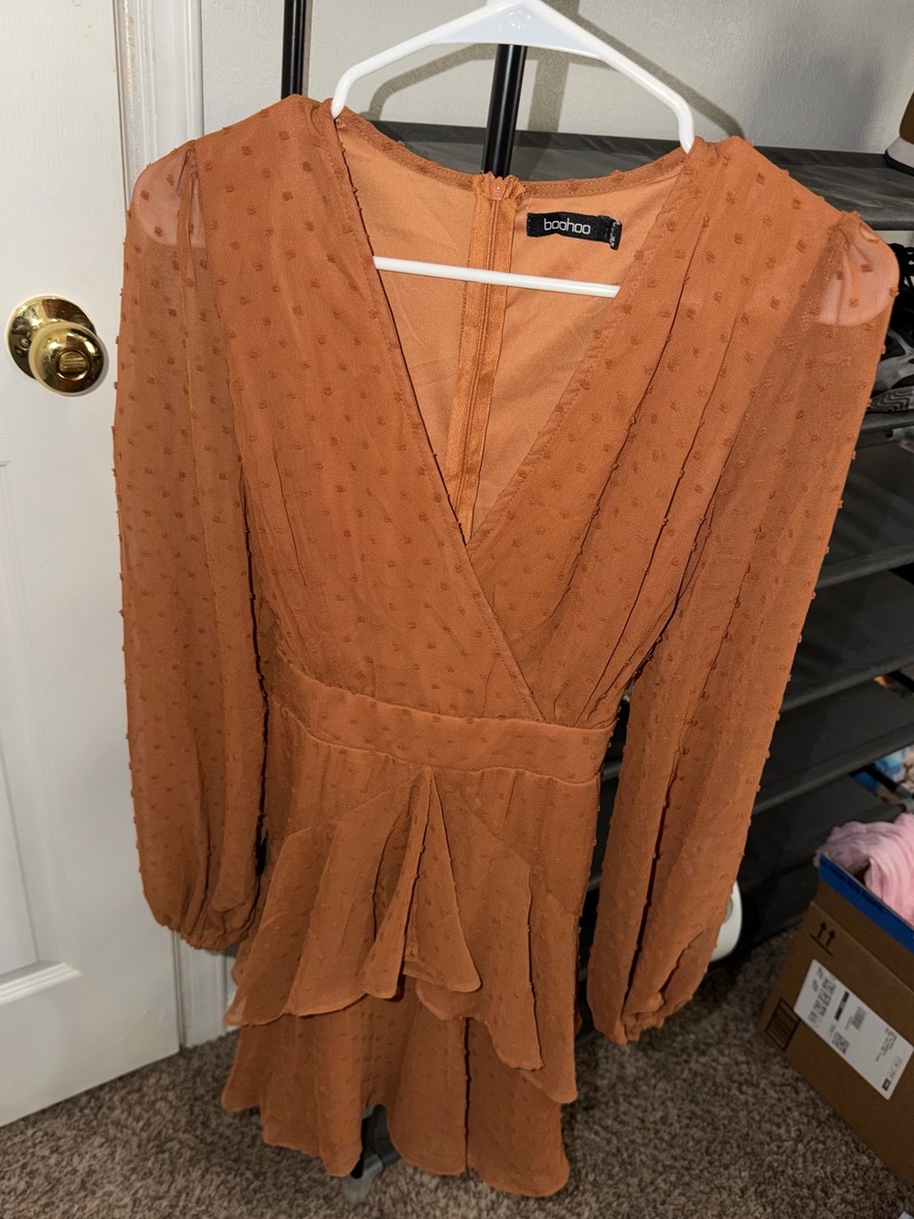 Boohoo Rust Orange Long-Sleeve Swiss Dot Tiered Wrap Dress